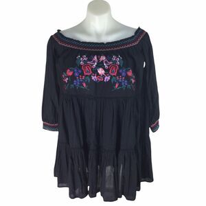Free People Sunbeams Embroidered Off Shoulder Mini Dress Black Size Medium NWT